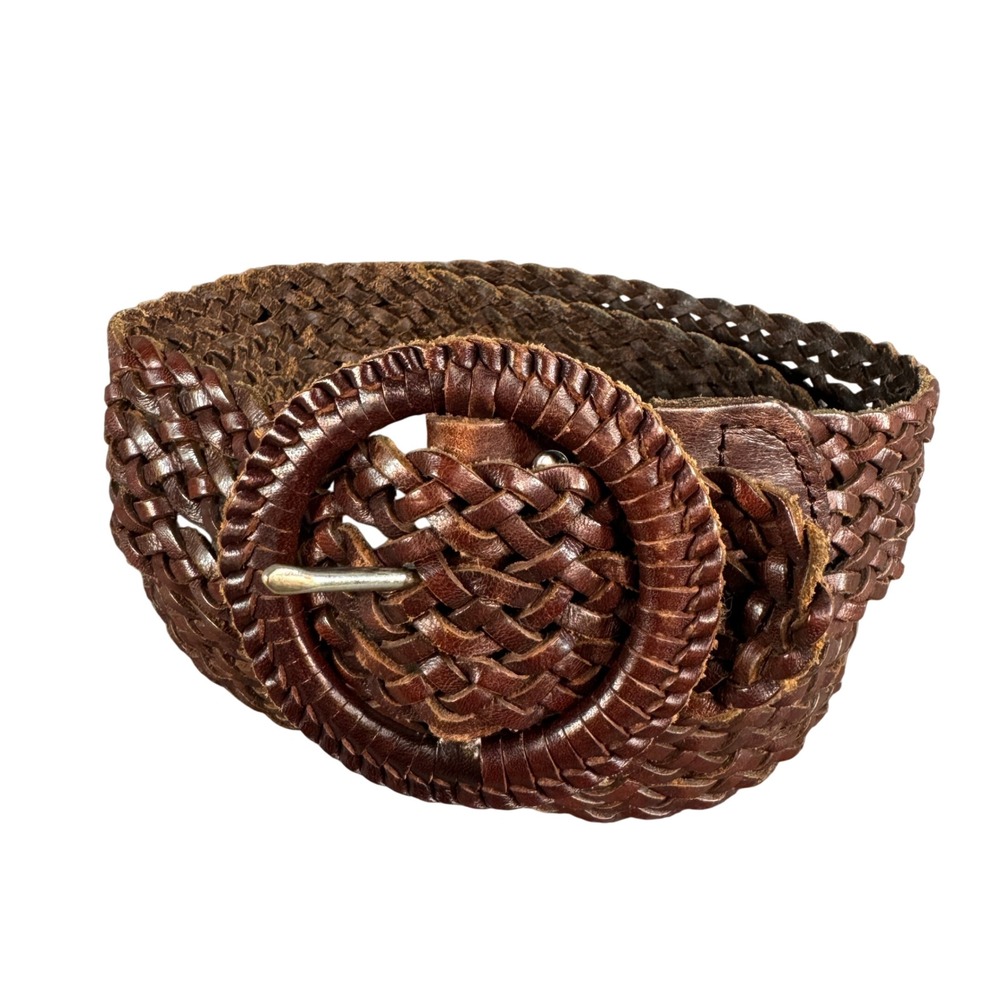 Vintage Brown Braided Woven Leather Belt Wide Round Buckle ML